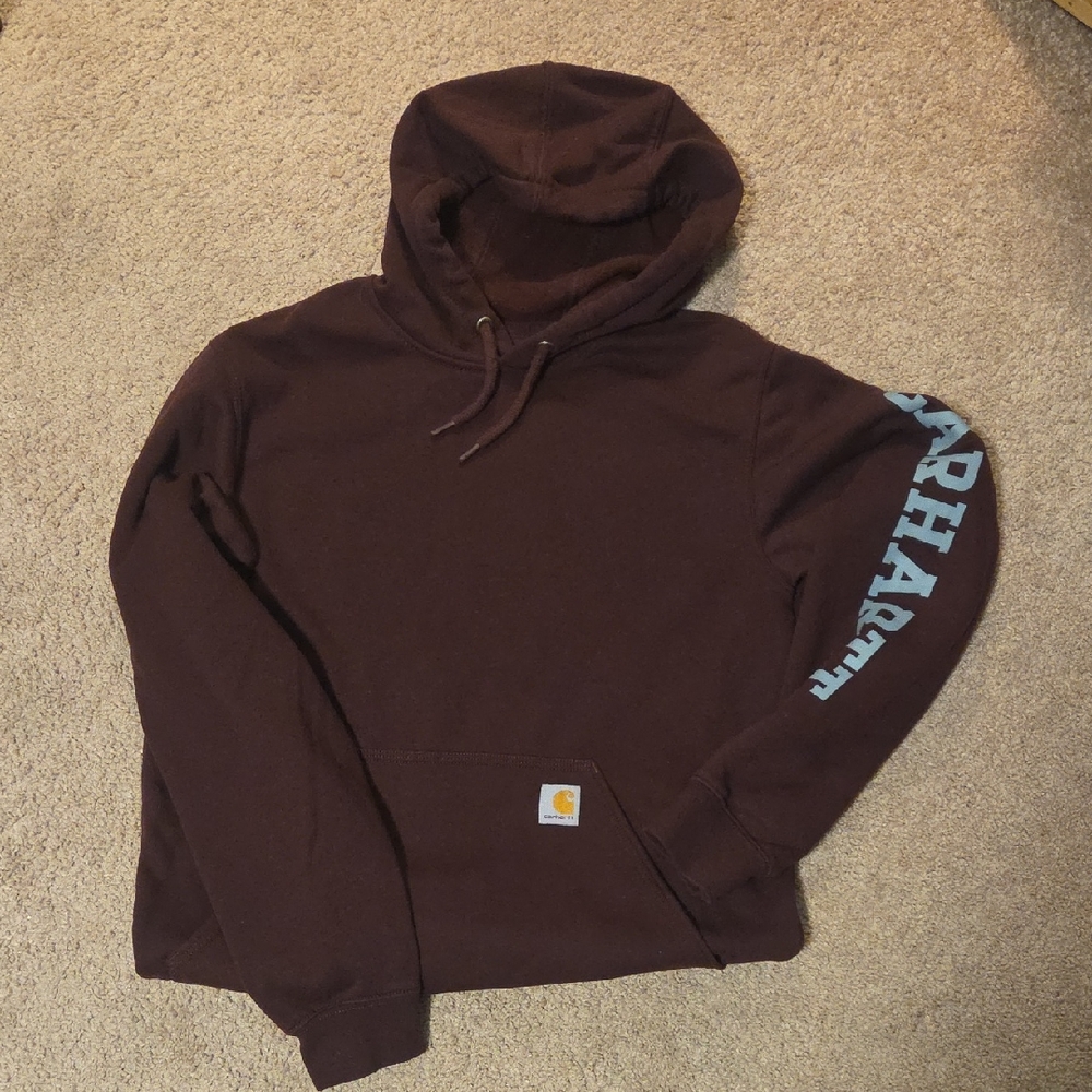 Carhartt Burgundy Hooded Sweatshirt with Light Blue Sleeve Logo
